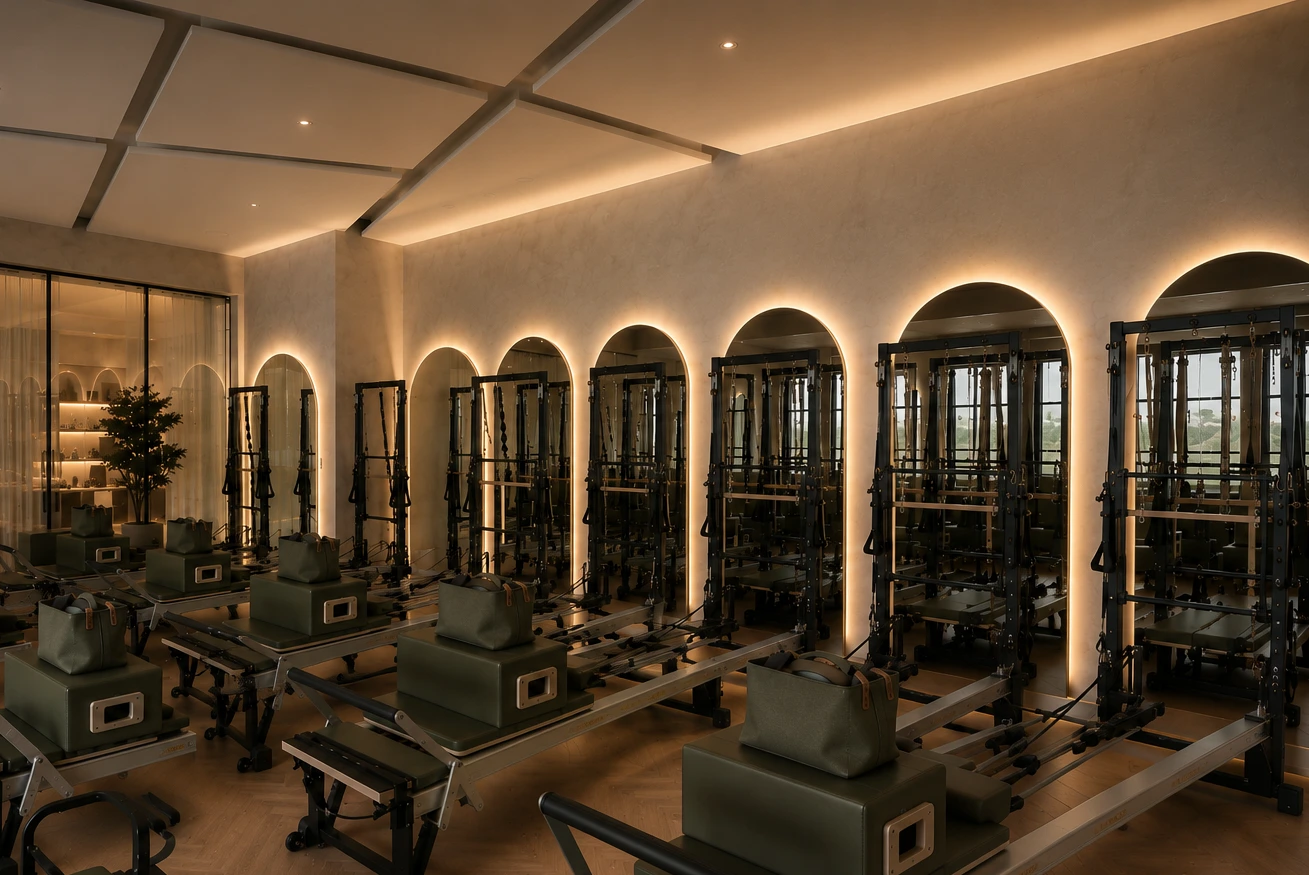 Warm daylight studio shot, practitioner on reformer